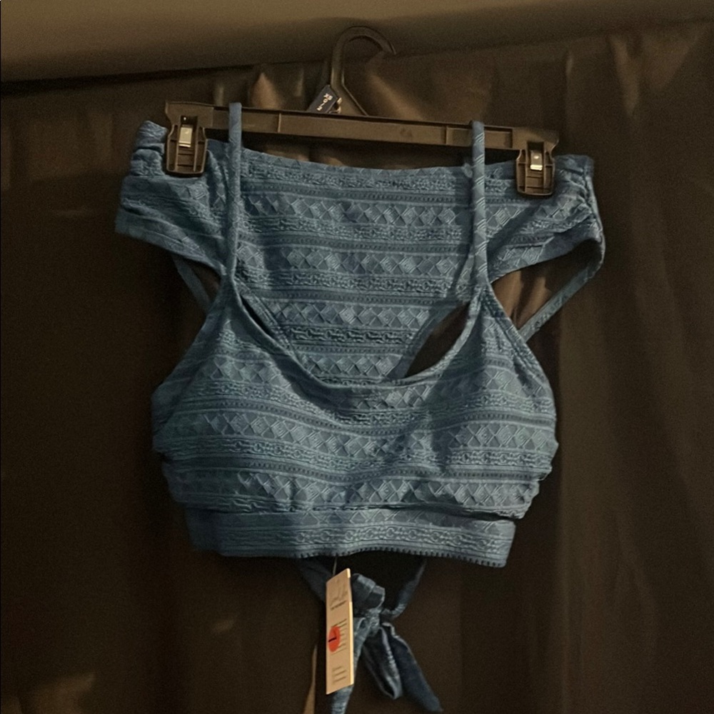 Cupshe Blue Smocked Tie Front Crop Bikini Top